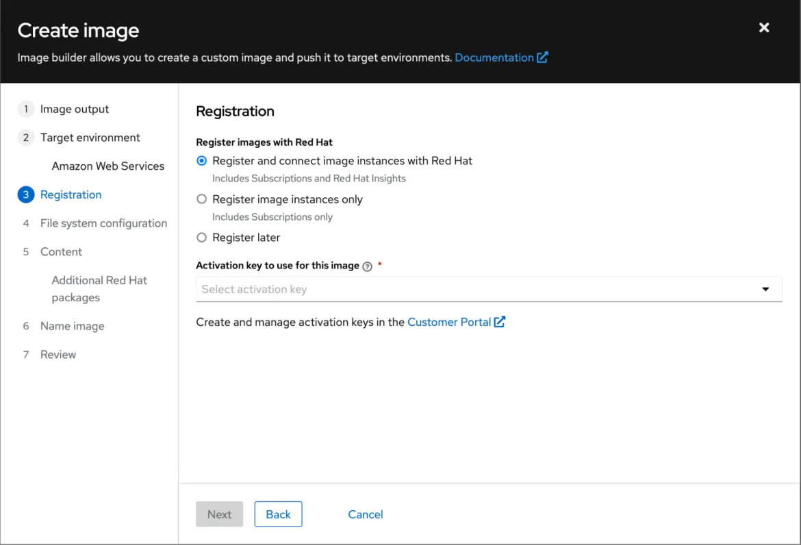 RHEL image builder: configure your system registration and enable Red Hat Insights