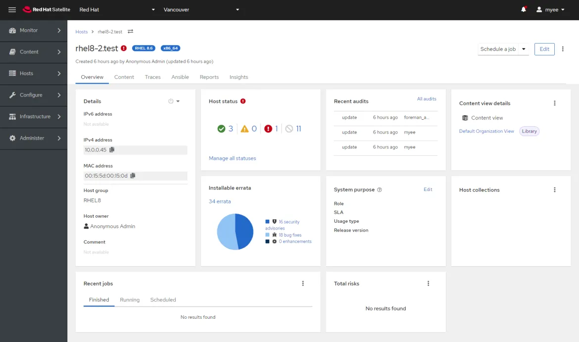 A screenshot of a Red Hat Satellite host dashboard