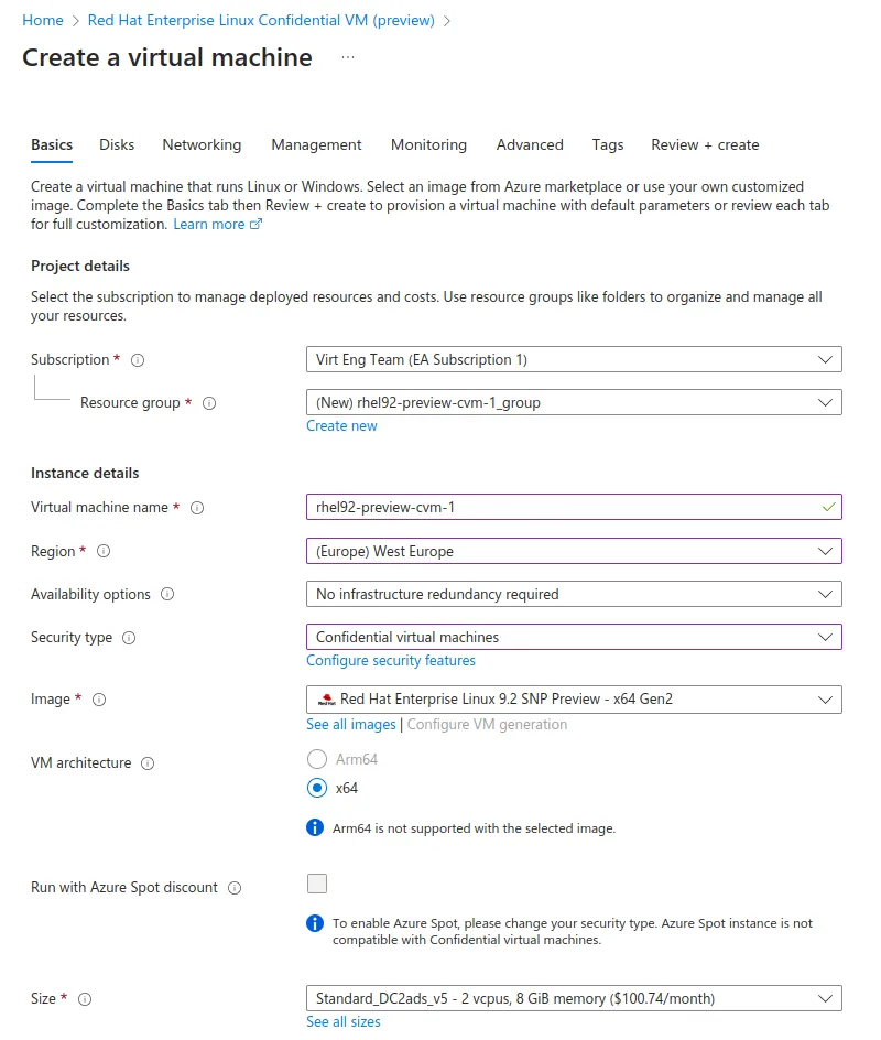 Screenshot of creating a virtual machine on Azure Portal