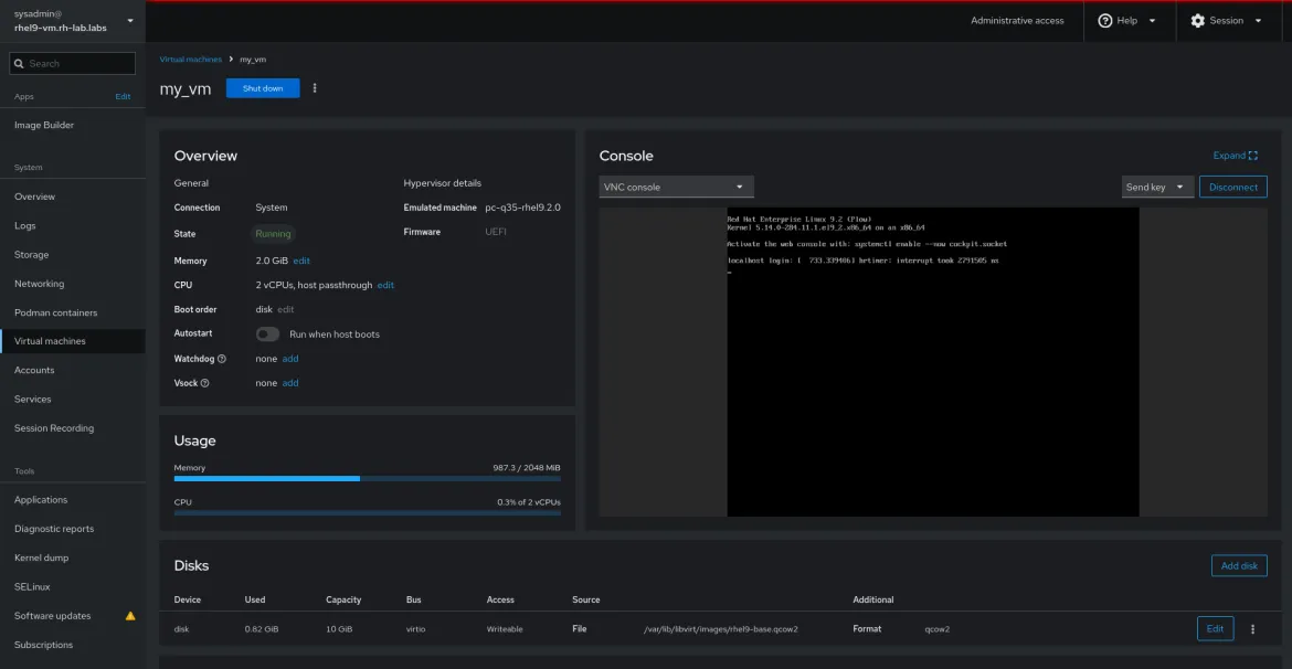 RHEL web console Virutal machines screen