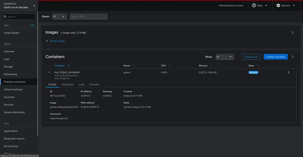 RHEL web console Containers details