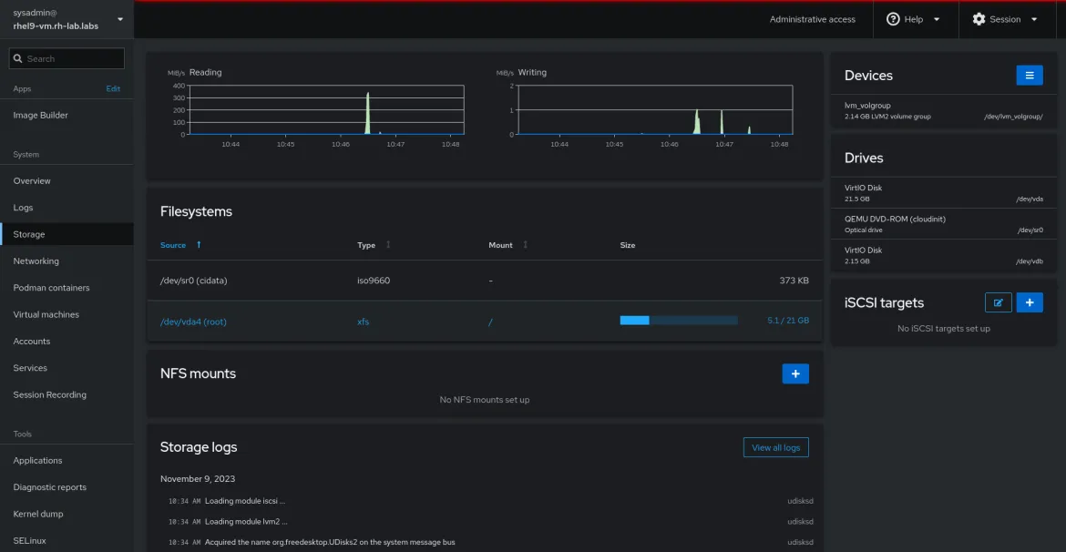 RHEL web console Storage management