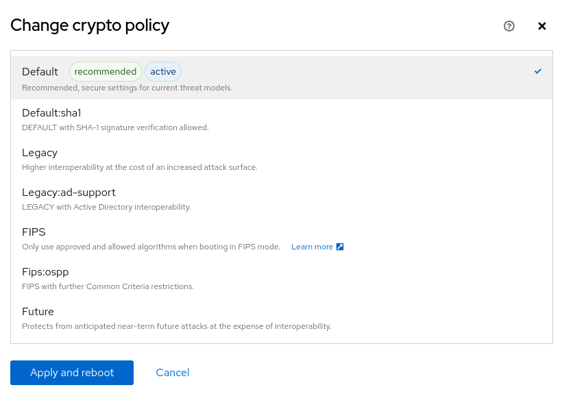 Change crypto policy screen
