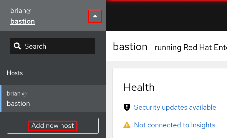 RHEL web console user name and host name appear in the upper right corner of the page