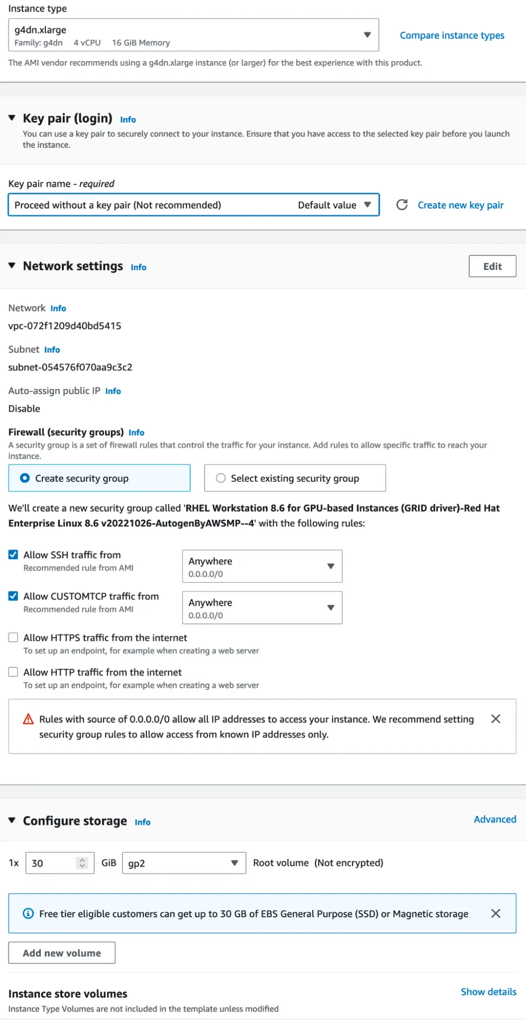 Pick a key pair to enable easy connection to the remote machine.