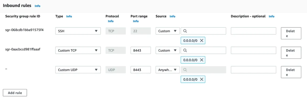 We need to click "Edit inbound rules". There should be SSH available on port 22 and port 8443 for both TCP and UDP.