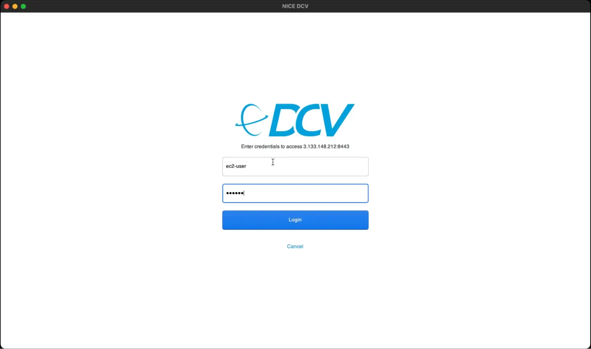 With the DCV View installed, input the public address of your remote workstation.