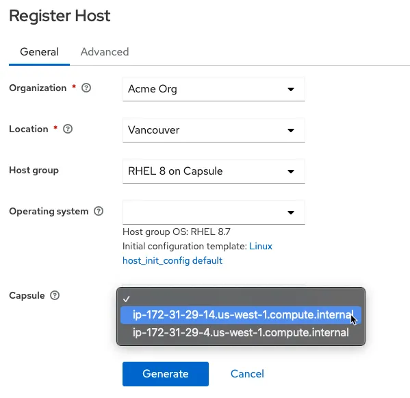 Screenshot showing one Capsule server selected in a drop down menu