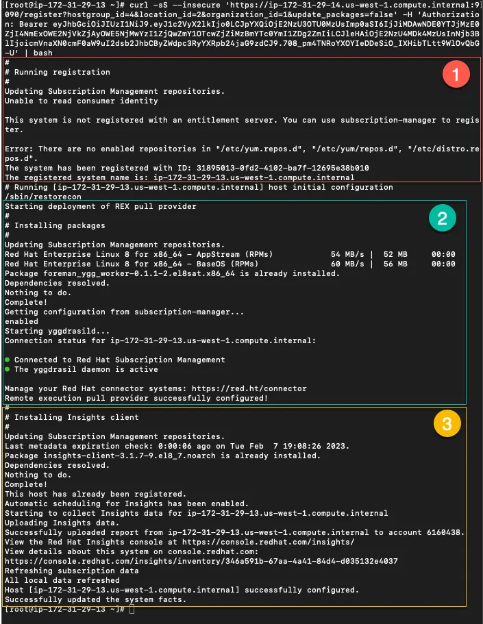 Screenshot of a large terminal window with three sections highlighted, showing Running registration, Installing packages, and Installing Insights client