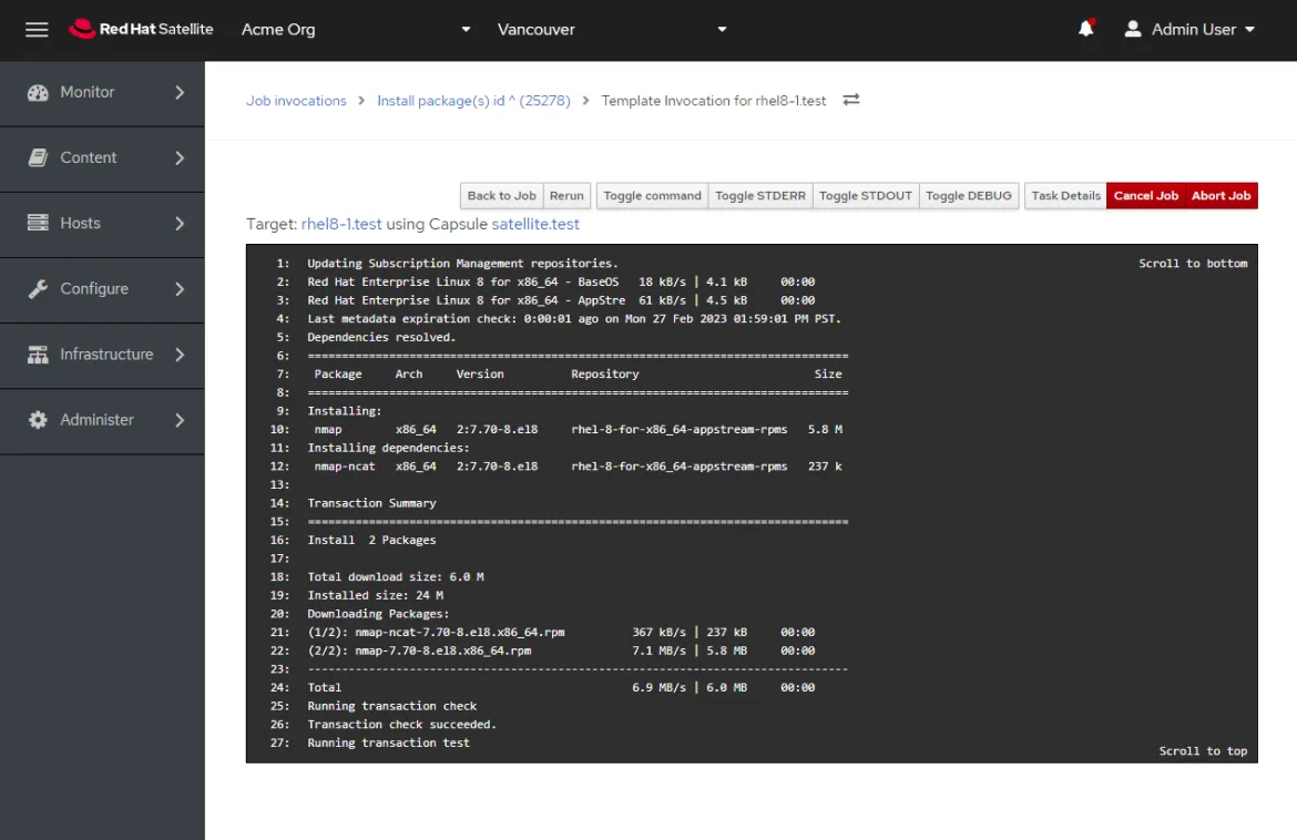 Screenshot of a Satellite window where a package has been installed