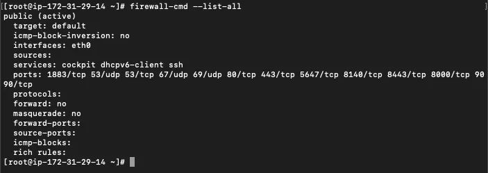 Satellite REX pull mode: screenshot of a terminal window displaying a list of the ports that should be open.