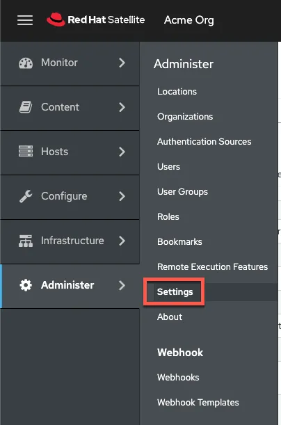 Satellite REX pull mode: screenshot of the Administer > Settings menu with Settings highlighted with a red box