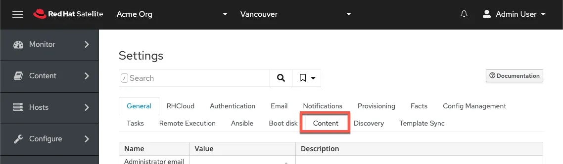 Satellite REX pull mode: screenshot of the Satellite Settings UI with the Content tab highlighted with a red box