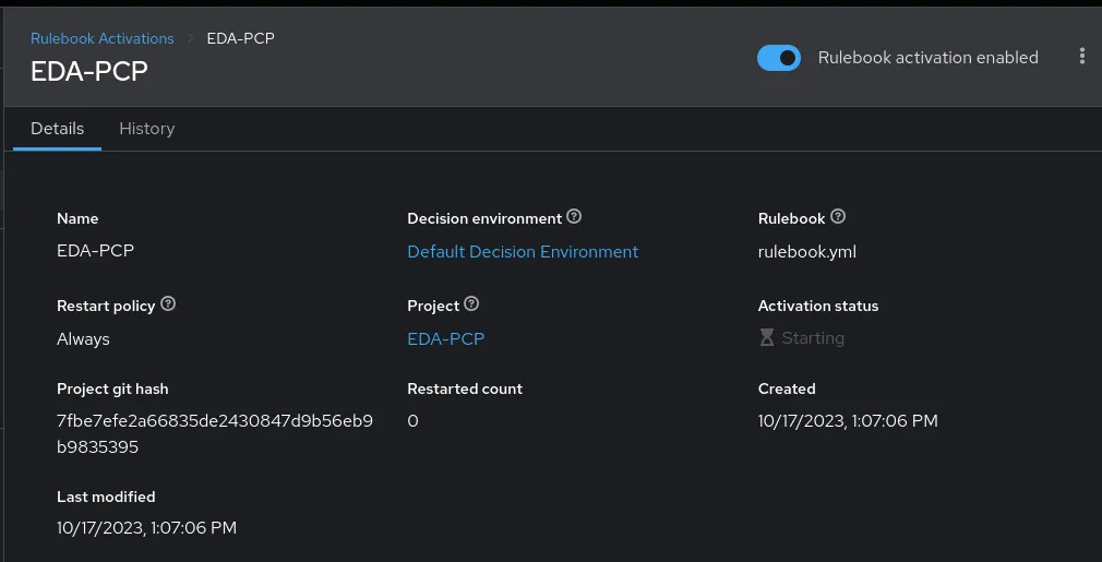 EDA-PCP details with Rulebook activation enabled