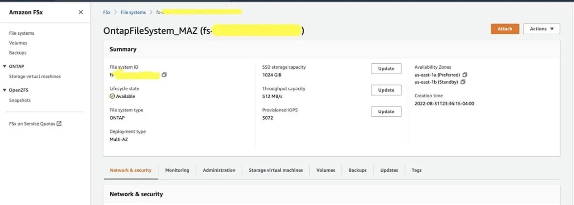 Figure 2 – Amazon FSx Console