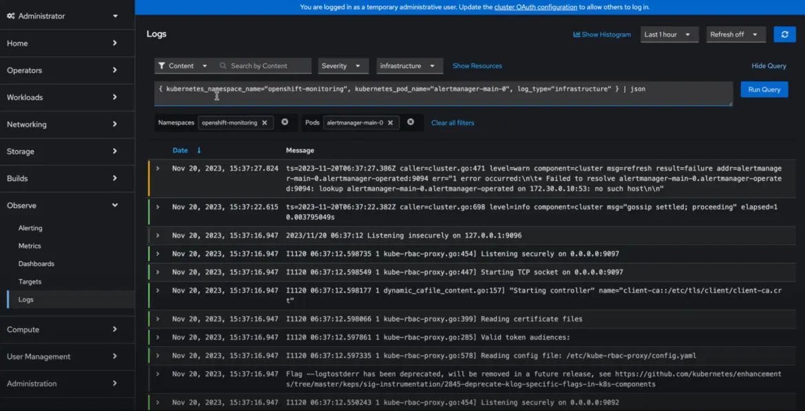 Screenshot of Logs UI