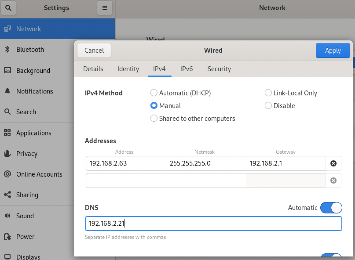 GUI Network Manager screen with static IP info