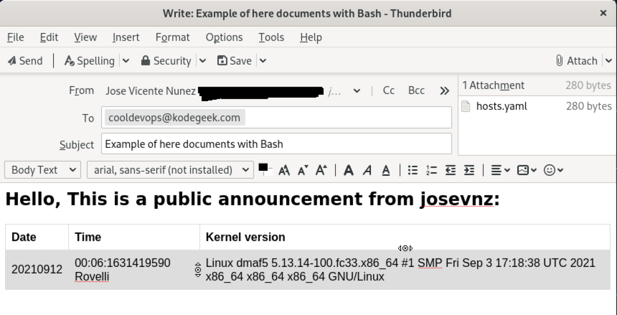 Here document example usage with Thunderbird