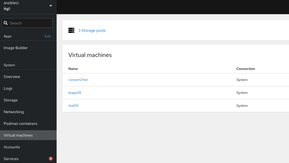 Screenshot of RHEL web console showing three VMs