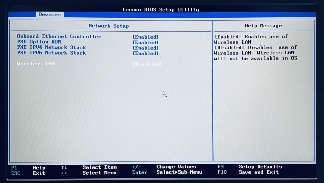 Screenshot of the BIOS network setup to disable the wireless NIC